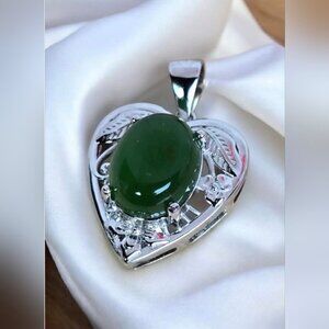925 Sterling Silver Heart Pendant with Natural Jade 7x9mm Gemstone